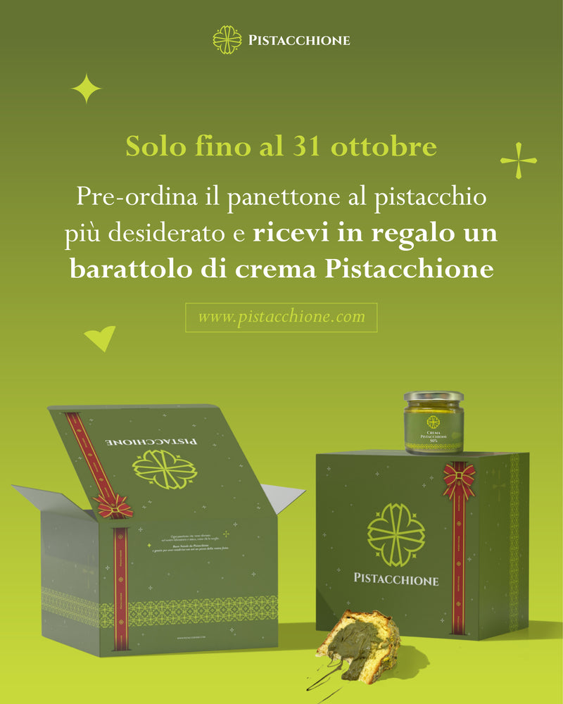 Panettone sbagliato, 1/2 con crema al pistacchio, granella e pistacchi interi, 1/2 con cioccolato di Modica e nocciole + regalo barattolo di spalmabile