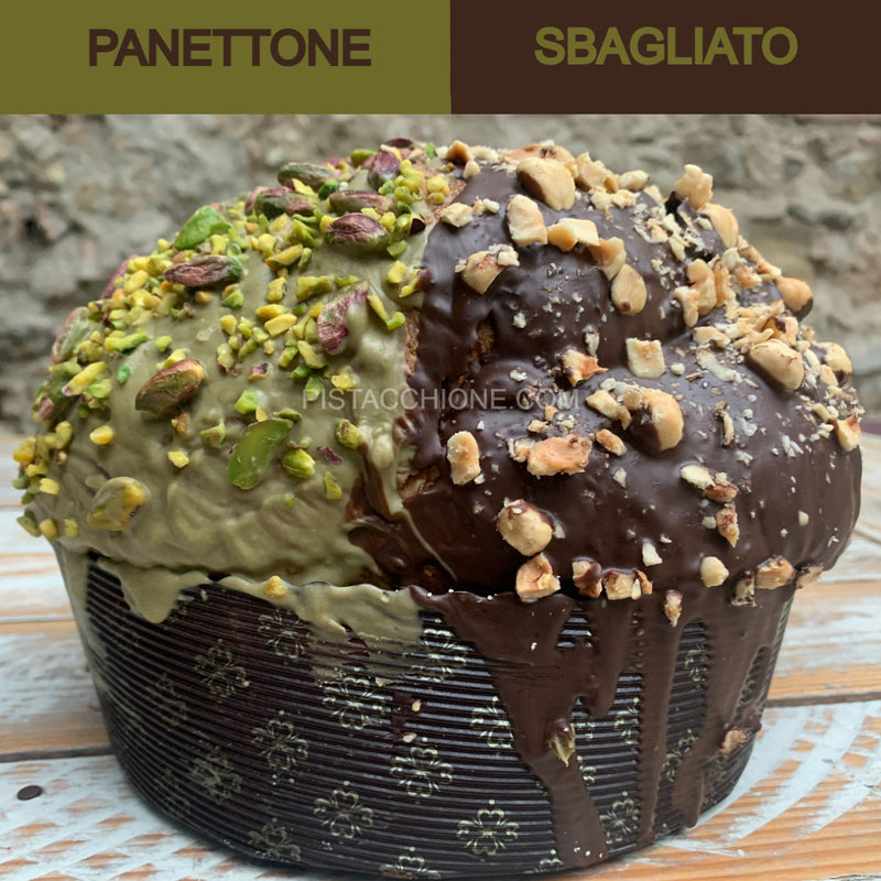 "PANETTONE SBAGLIATO" - 1/2 CON CREMA AL PISTACCHIO, GRANELLA E PISTACCHI INTERI - 1/2 CON CIOCCOLATO DI MODICA E NOCCIOLE + REGALO BARATTOLO DI SPALMABILE